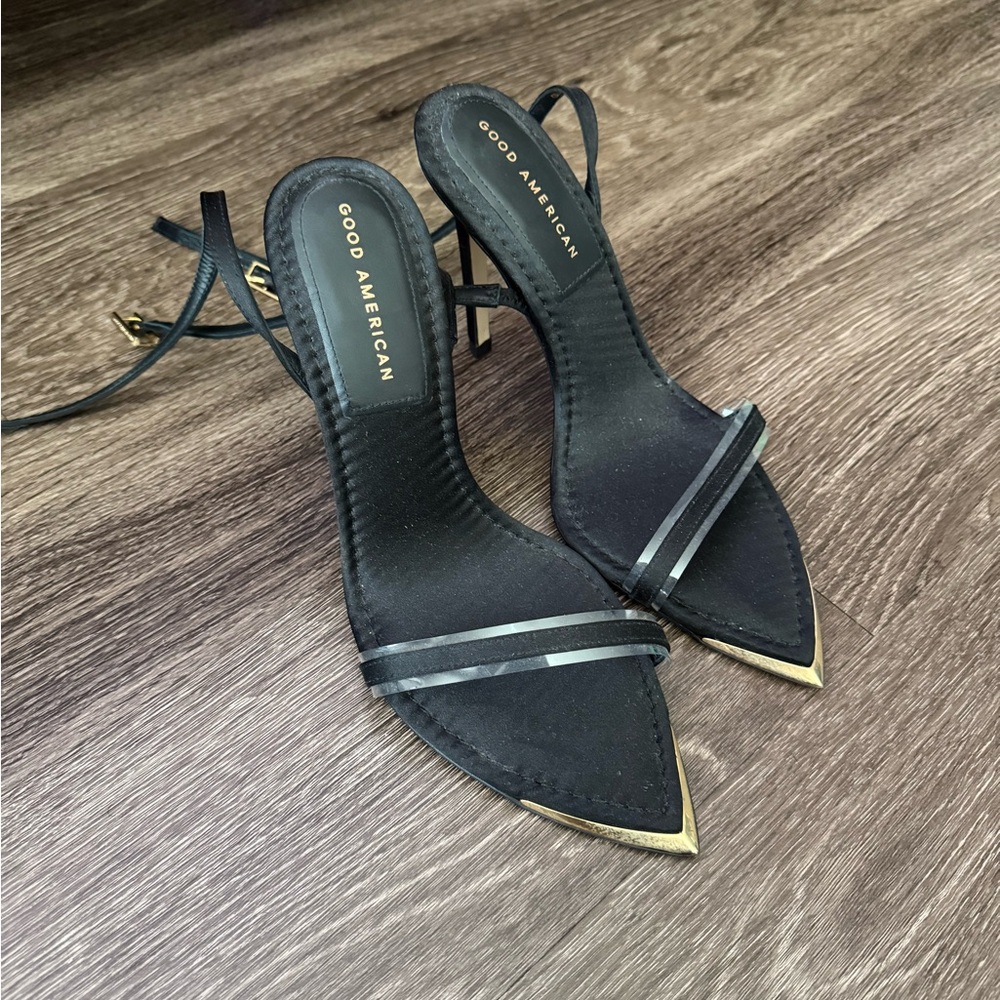 Good American Black Strappy Heels